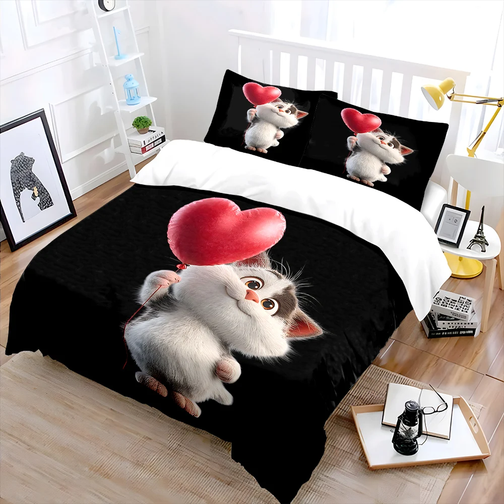 Cute cat holding heart balloon Bedding Set for Kids Luxury Gift 3pcs Digital Print Comforter Set Soft Comfortable Breathable
