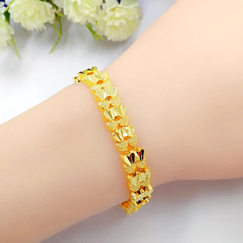 XT Fashion 24K Real Gold Color Bracelet 8mm Wide For Women Men\'s Elegant Gold Plated Chain Bracelets Jewelry Gifts 18.5cm