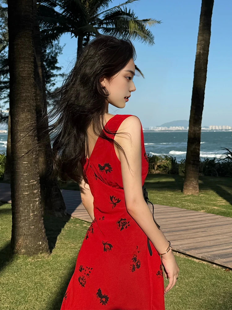 Gilet con stampa floreale Dr Donna Autunno Inverno Vintage Dimagrante Rosso V-Ne Vita incinta A-Line Lungo Dr Vacanze estive Sle