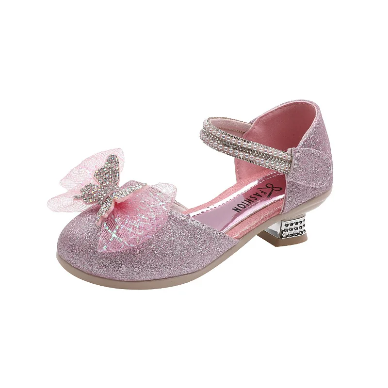 Little Girl Rhinestone Bow Sandals Fashion Kids Pearl Princess Dance Single Shoes Children\'s Party Wedding High Heels Shoes H932