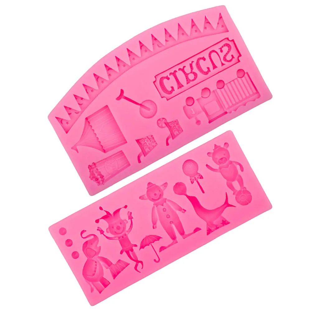 Molde de silicona para Fondant con temática de circo, herramienta de decoración de pasteles suave y Flexible, animales de dibujos animados, cumpleaños, eventos de boda, 2 uds.