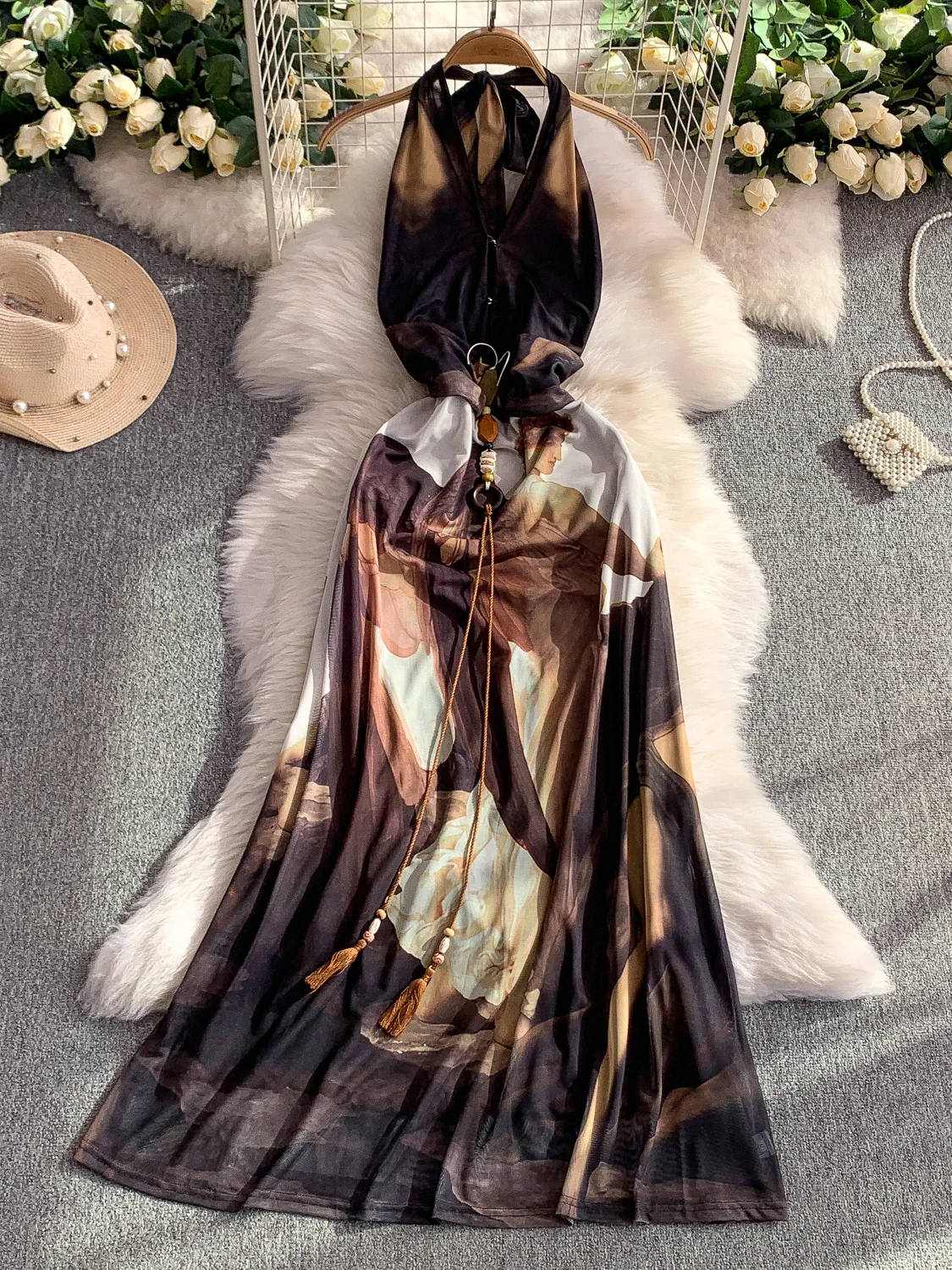 Retro Floral Print V-Ne Hanging Ne Dr Women's High Waist Belt Sexy Holiday Long Dr Korean Sle A-Line Skirt