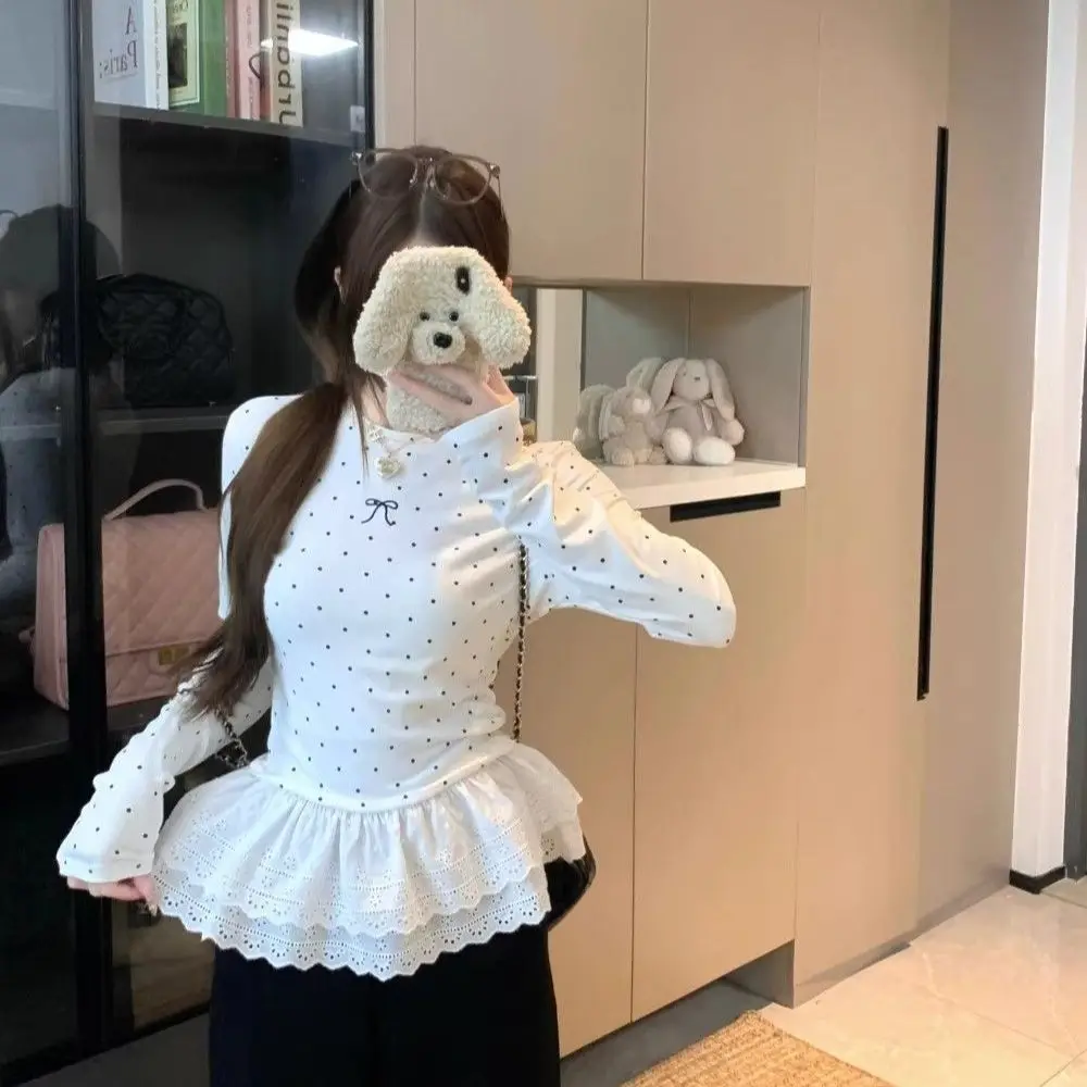 

New Style German Polka-dot Long-sleeved T-shirt for Women, Slim-fitting, Flesh-covering Lace Outer Top