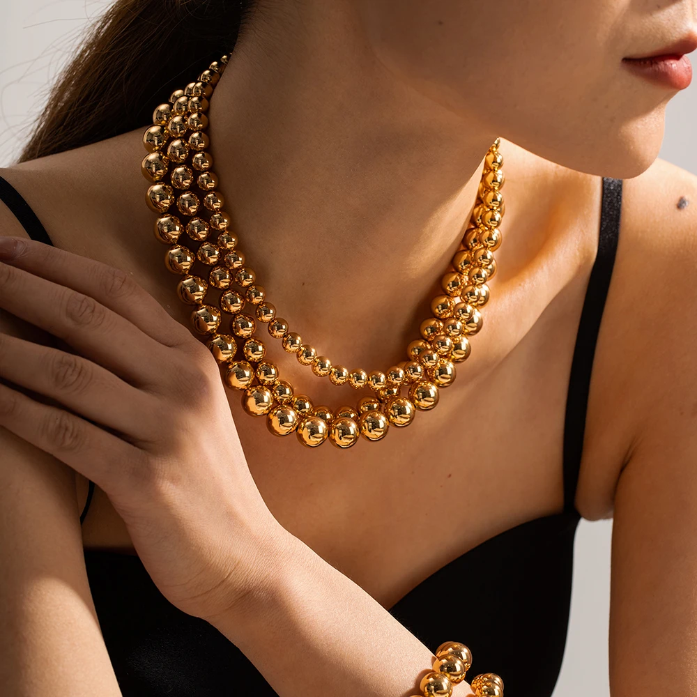 

2023 New Trendy 8/10/12mm Women's NeckChain / Bracelet Set Copper Leather Design Steel Beads Necklace Luxury Ladies Chokers