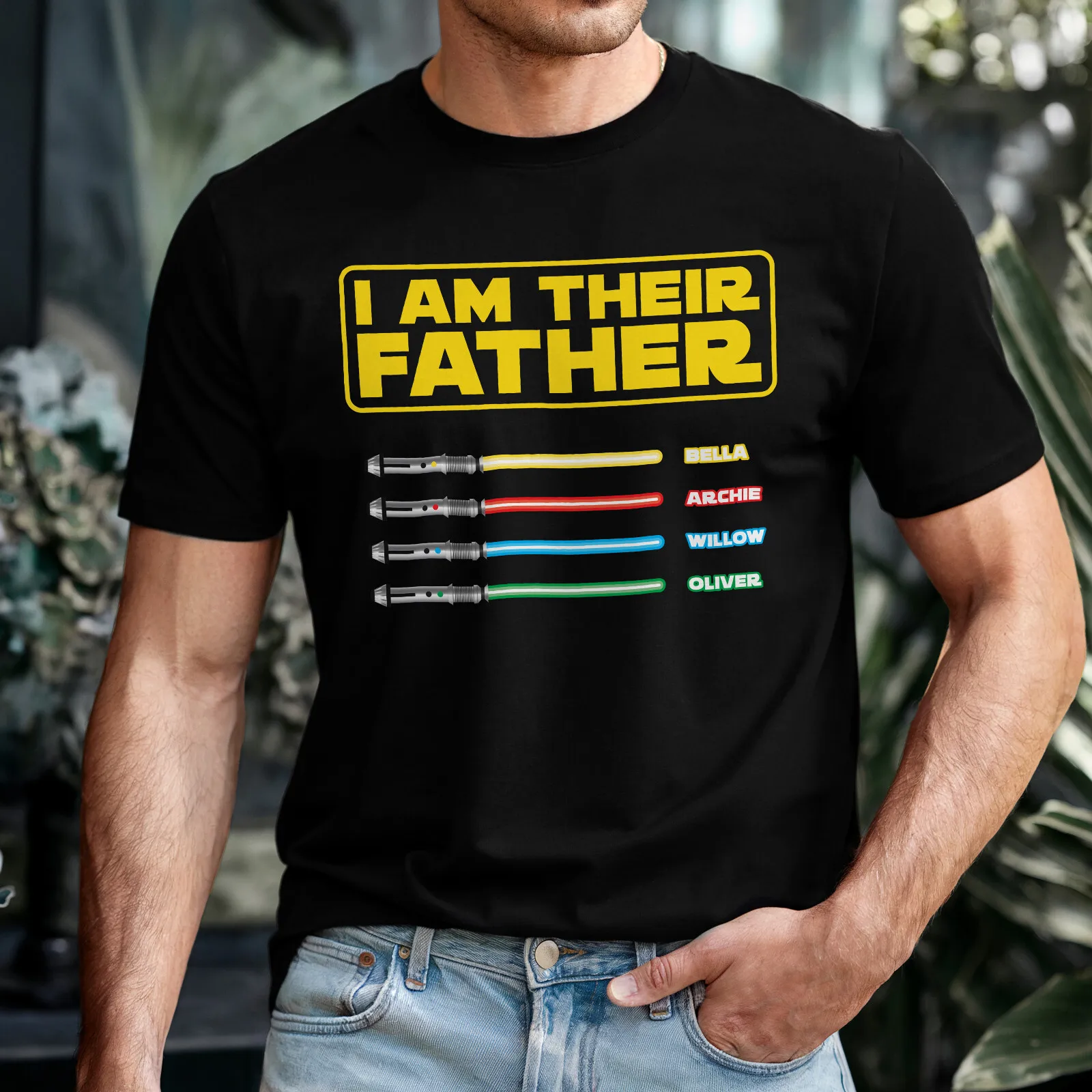 Custom Kids Name Lightsaber Style I Am Their Father Graphic T-Shirt | Personalized Dad Father's Day Gift Cotton Tee