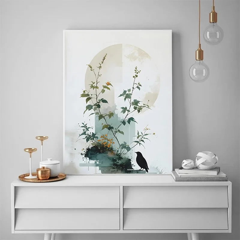 Canvas Print Botanical Dreams Moonlit Meadow Dark Floral Bird Pastel Wildflower Wall Art Minimalist Cottagecore Plant Poster