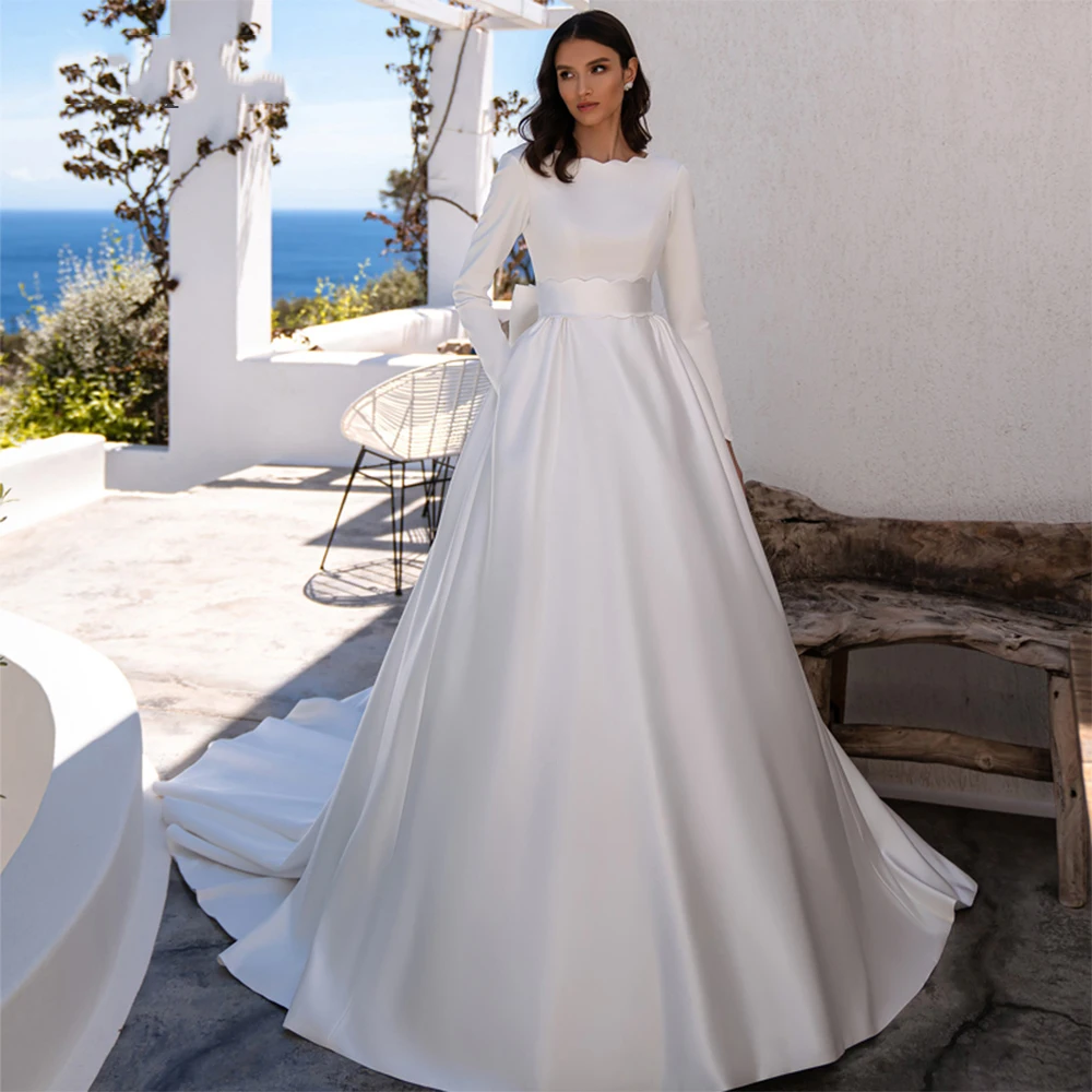 Msikoods Modest Simple Satin Long Sleeves Weddding Dress Sexy V Back With Bow A Line Bridal Gown Robe De Mariee Woemn Plus Size