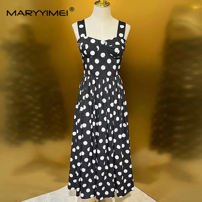 MARYYIMEI Summer Women\'s Dress Cotton Square-Neck Spaghetti Strap Backless Dot Print High Waisted Pleated Dresses