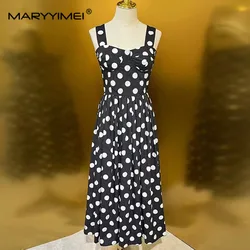 MARYYIMEI Summer Women's Dress Cotton Square-Neck Spaghetti Strap Backless Dot Print High Waisted Pleated Dresses