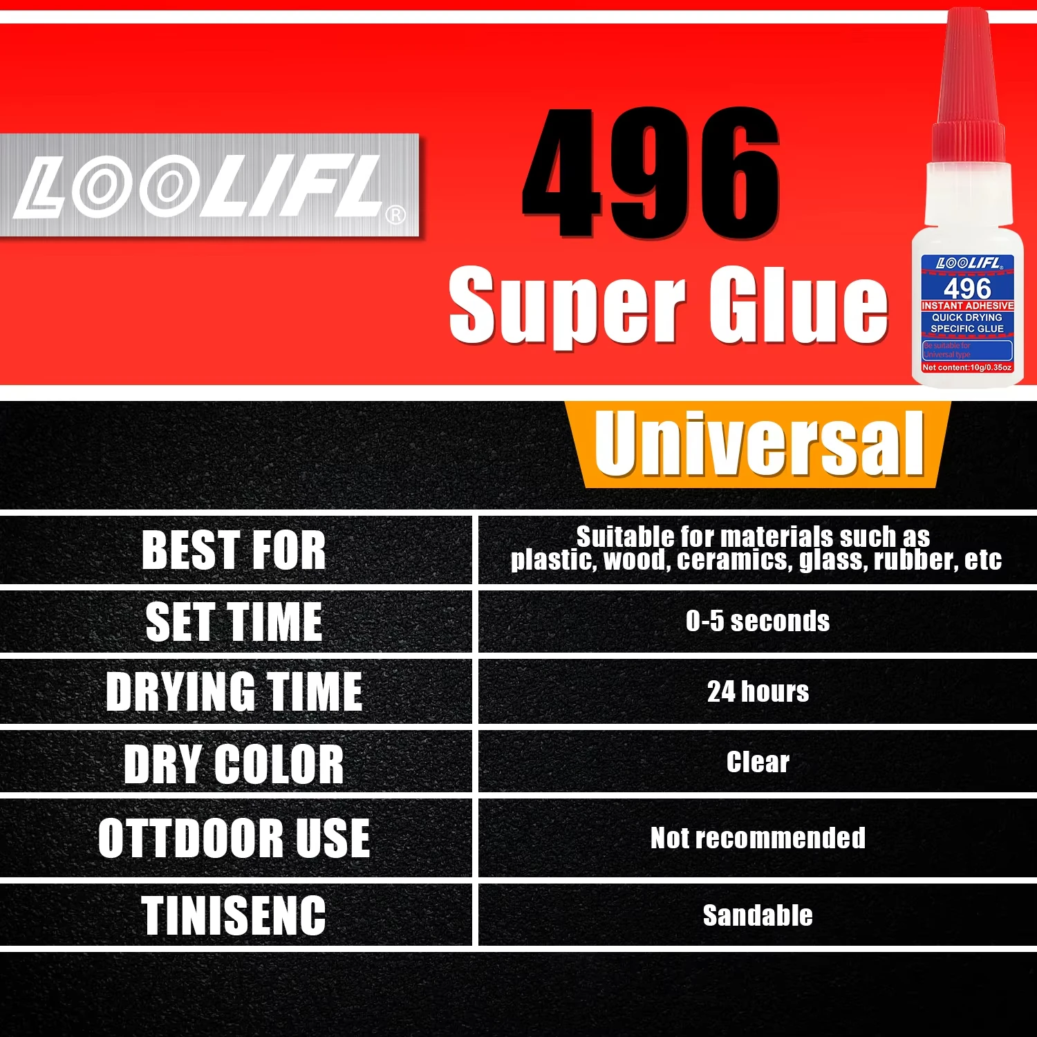 LOOLIFL 1‑6 bottles 496 instant adhesive, strong glue, 10 grams, fast-drying cyanoacrylate, multi-purpose super adhesive, suitable for plastic, metal, rubber, ceramics, DIY crafts, and model repairs