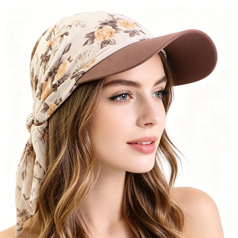 Vorgebundene Outdoor-Hüte für Damen, Sonnenhüte, bedruckte Hijab-Kappen, atmungsaktive und leichte Chiffon-Entenschnabel-Schalhüte, Baseballkappen