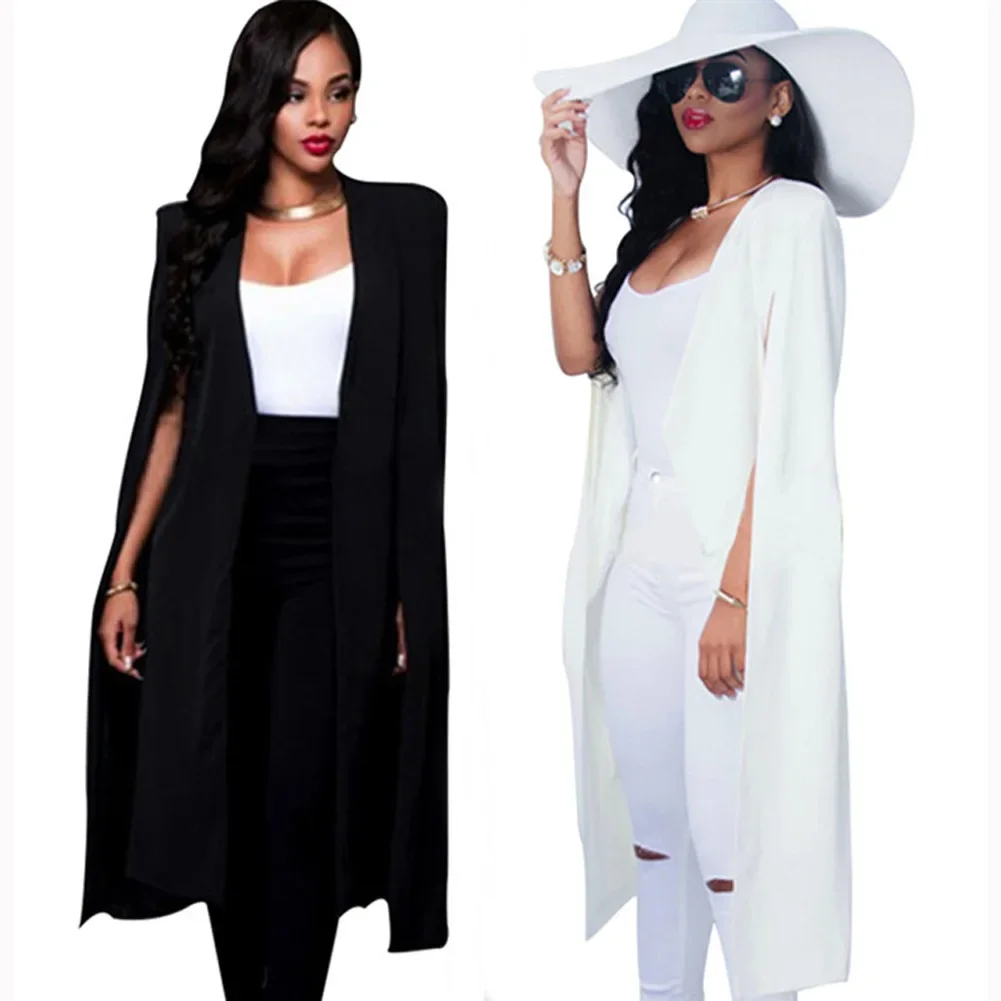 Women elegant Blazer Women's coat Contrast Binding Open Front Cape Long Sleeve Blazer White Black Longline Plain Outer