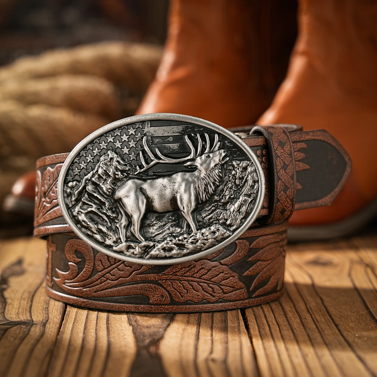 A Western Cowboy-Style Belt Suitable for Both Men and Women. PU Embossed Western-Style Buckle Belt. Unique and Retro
