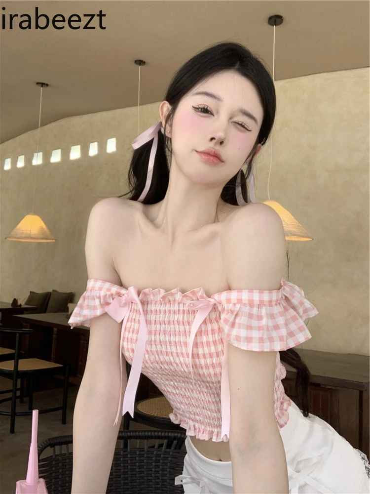 Summer Sweet Bow Girl Pink Plaid Lotus Short Sleeve Vest Stretch Slim Top Slim Fit  Blusa Feminina Plaid Casual Blouse Women