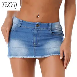 Women's Ultra Short Denim Skirt Fashion Frayed Hem Miniskirt Casual Zipper Fly Pockets Slim Fit Above Knee Skirt for Going Out