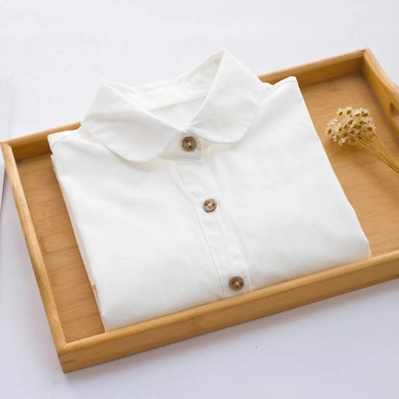 Women's Cotton Peter Pan Collar White Shirt Long Sleeve Casual Blouse for Fall Winter