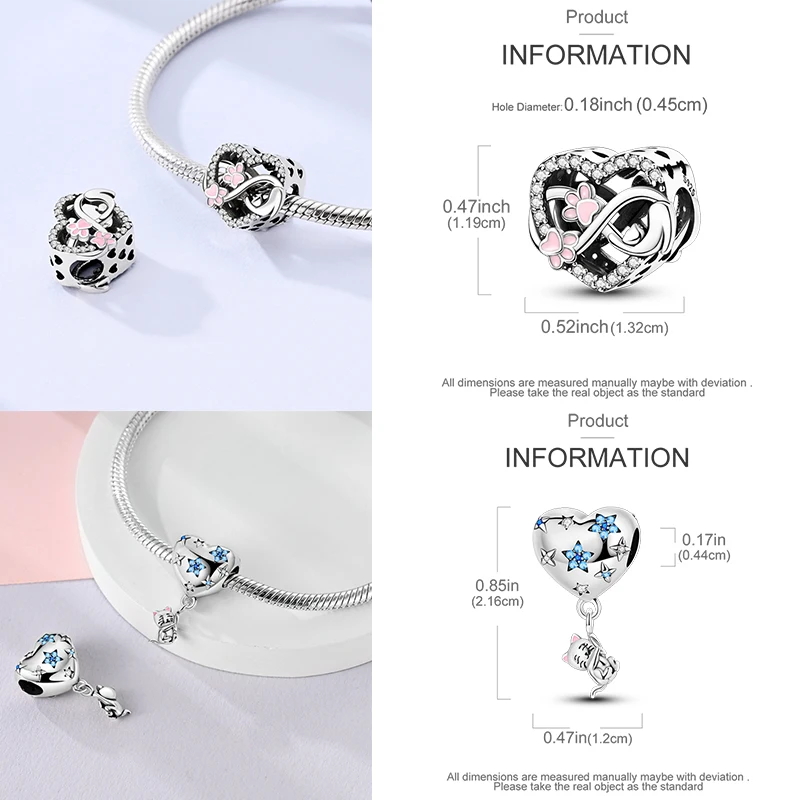 925 Sterling Silber Hund Katze Pfotenabdruck Charm Perlen Glücksbringer Katze Haustierliebhaber Herz DIY Armband Halskette Geschenk für Frauen Mädchen – Detail 8