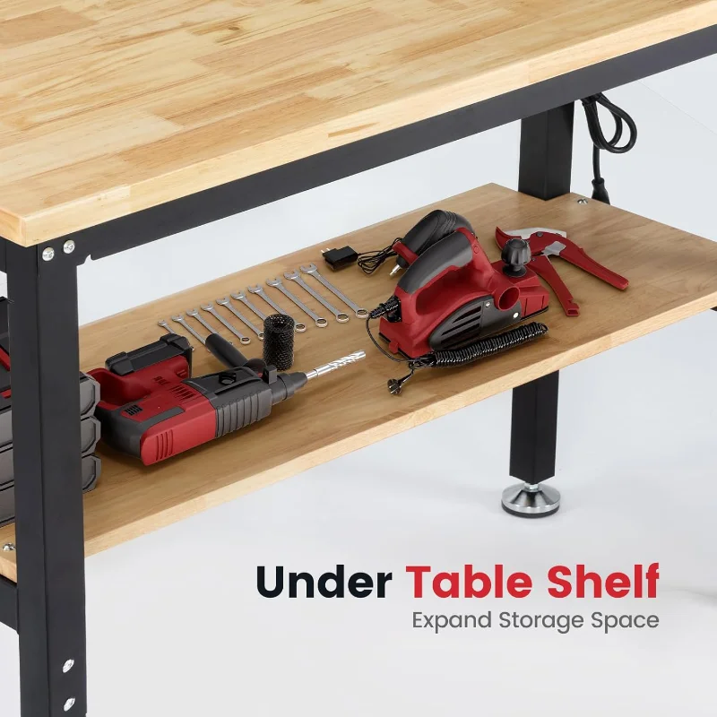 48 Inch Work Table for Garage Adjustable Height Rubber Wood Tabletop Workbench with Storage Work Bench Table with Power Outlets