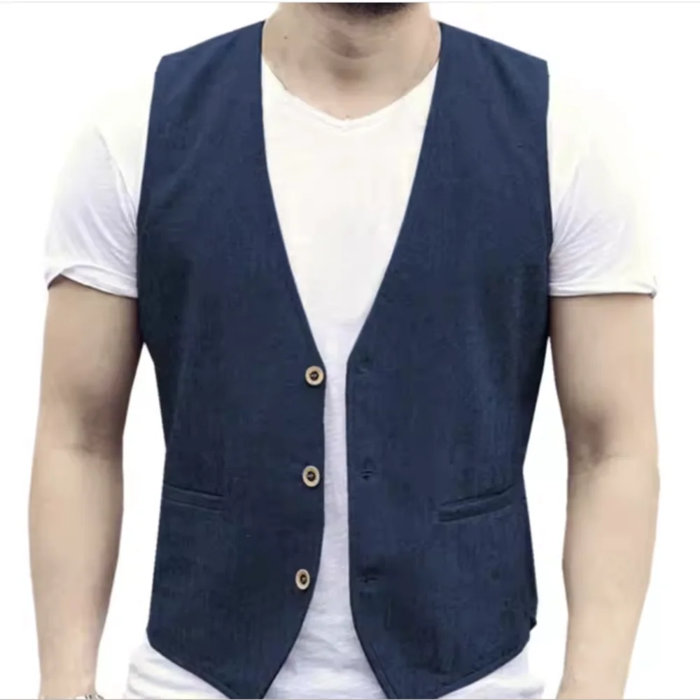 Picture 5: V Neck Men's Linen Vest Single Breasted Vintage Real Pocket Men's Summer Linen Waistcoat For Wedding