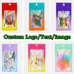 200PCS Hologram Gradient Aluminum Foil Ziplock Window Bag DIY Custom Logo Matcha Jewelry Tea Snack Gift Toys Packaging Pouches