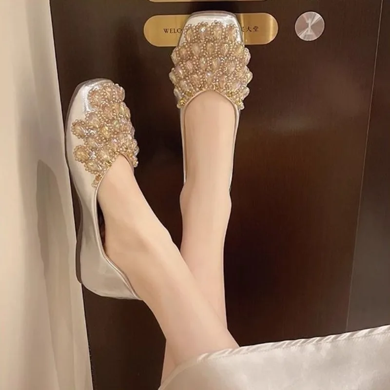 

French Fairy Women Flat Pumps Square Toe Full Rhinestone Soft Sole Low Cut Shoes 2026 Spring Summer Fashion