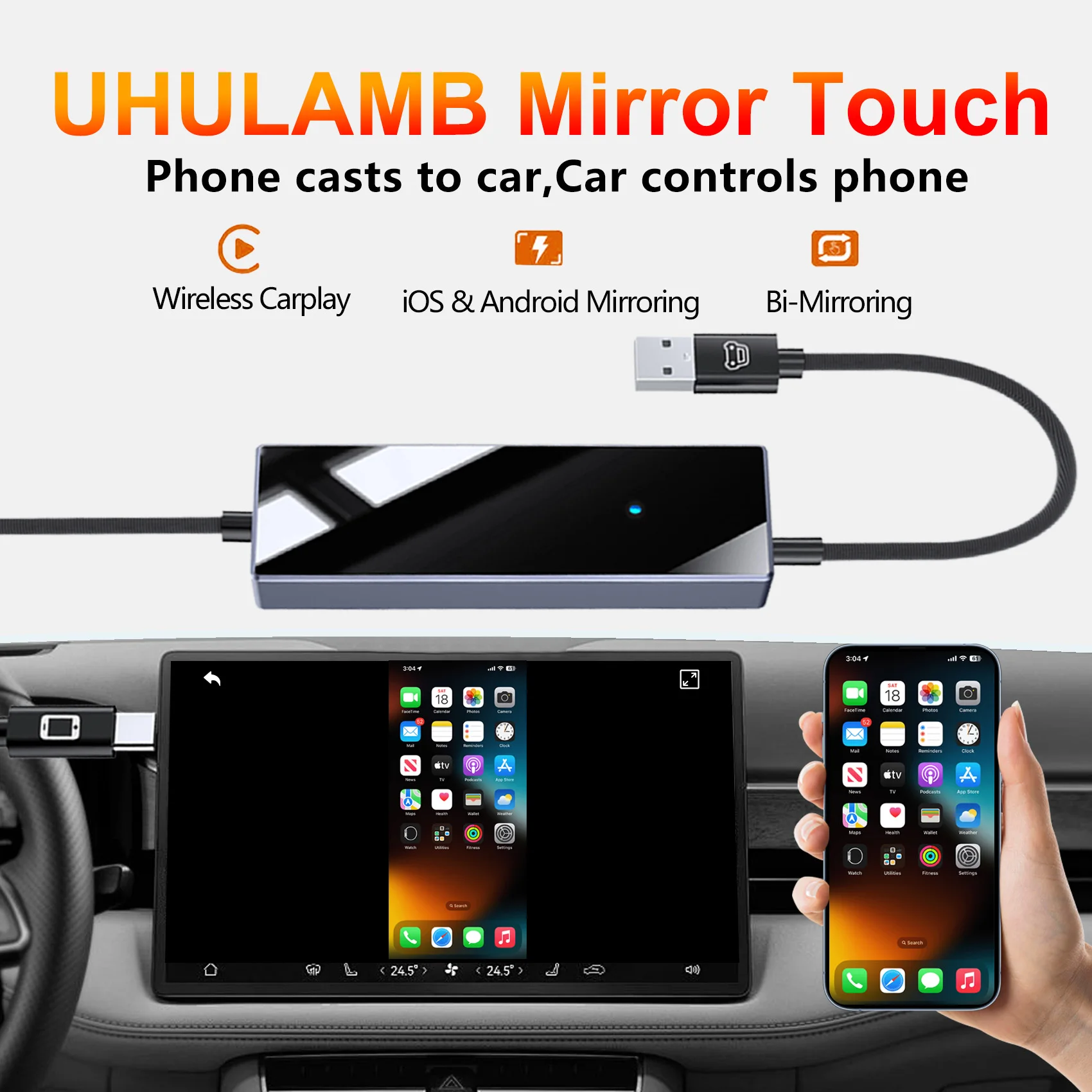 

UHULAMB Mirror Touch Wireless CarPlay Adapter Bi-Directional Control Dongle for iOS & Android Video Box For Benz Audi Toyota VW