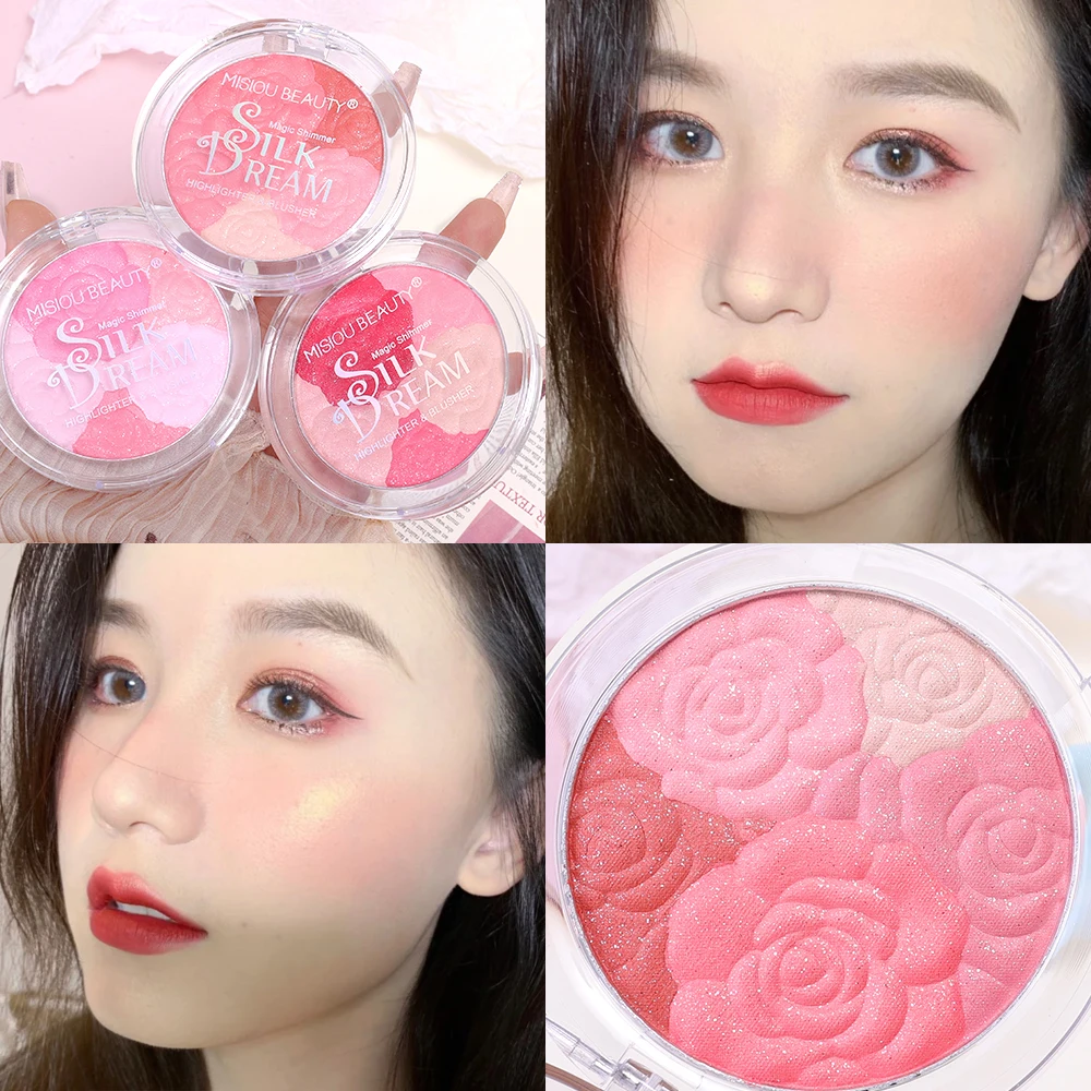 Glitter Rose Pink Blush Highlighter Palette Lasting Face Contour fard Cheek Waterproof 2 in 1 Blush Eyeshadow trucco coreano