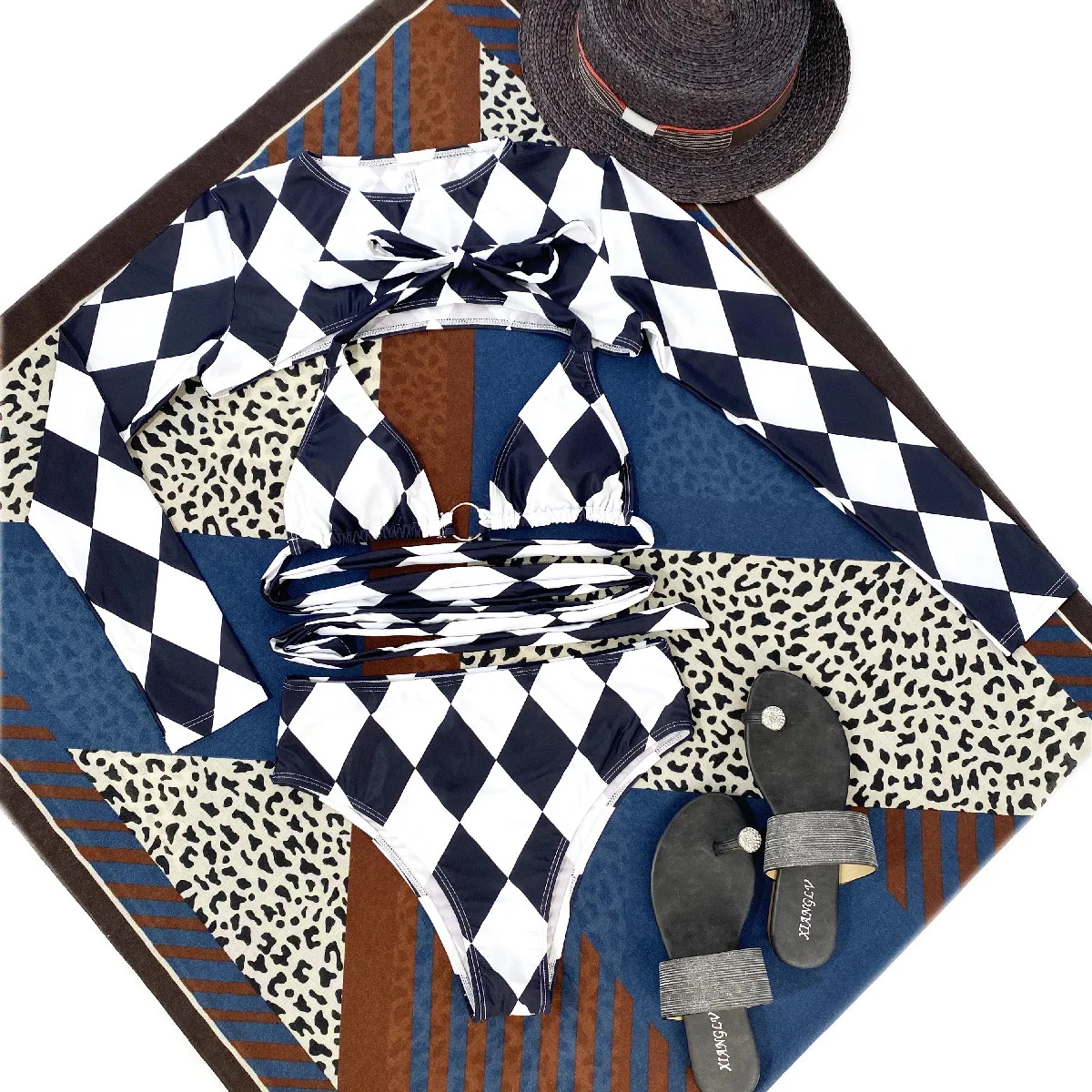 DEKA Conjunto de bikini a cuadros de talle alto para mujer, traje de baño camisola con estampado de celosía, traje de baño dividido bandeau separado sexy