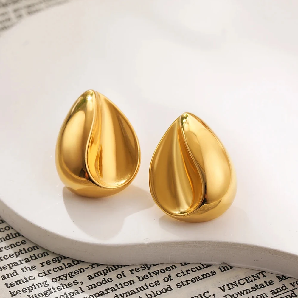 Italian Style New 18K Gold Plated Glossy Chubby Waterdrop Stud Earrings Lightweight Stainless Steel Droplet Dome Earring Jewelry