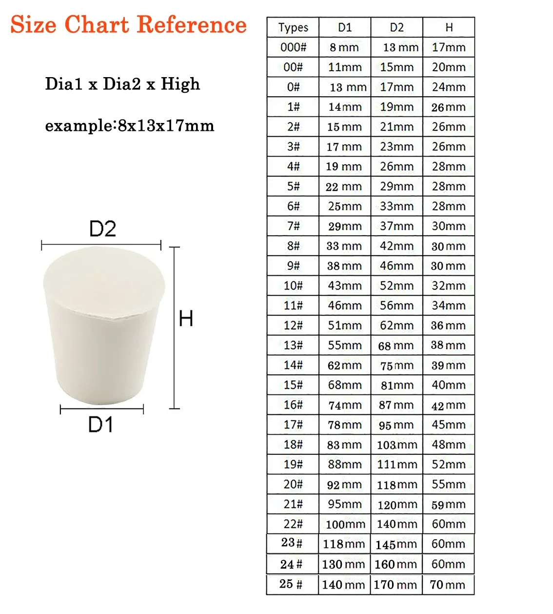000#~25# White Solid Rubber Stopper Push-In Sealing Plug Laboratory Rubber Plug Pipe Tank Bottle Tapered Bung Various Sizes