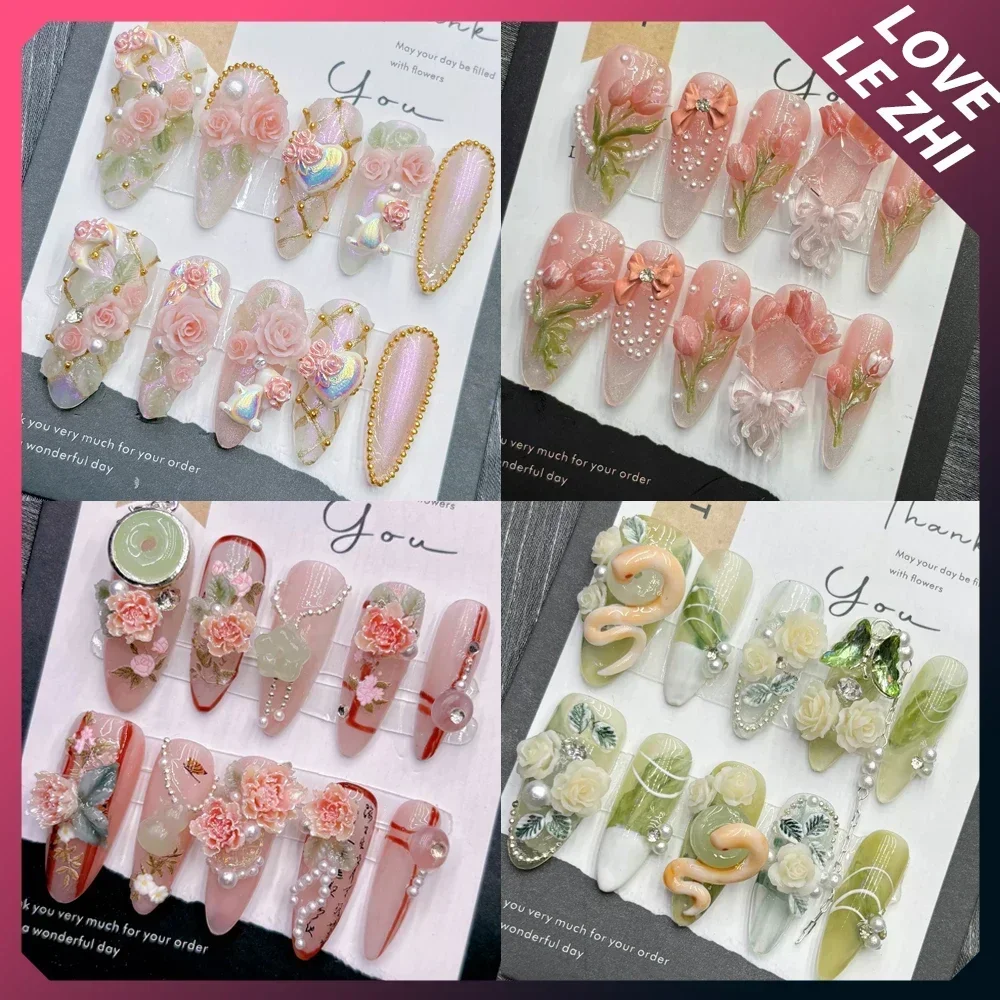 Niedliche handgemachte Press-On-Nägel mit Blumenmuster, vollflächig, Cartoon-Perlen-Schmetterlings-Design, lange Ballerina-Nägel, Sommer-Ozean-Look, tragbare künstliche Nägel