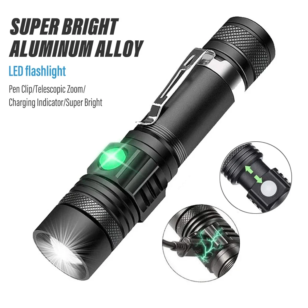 

High Power Led Flashlights Zoomable Camping Torch With T6 LED Lamp Beads Waterproof 4 Lighting Modes Multi Function USB Charger