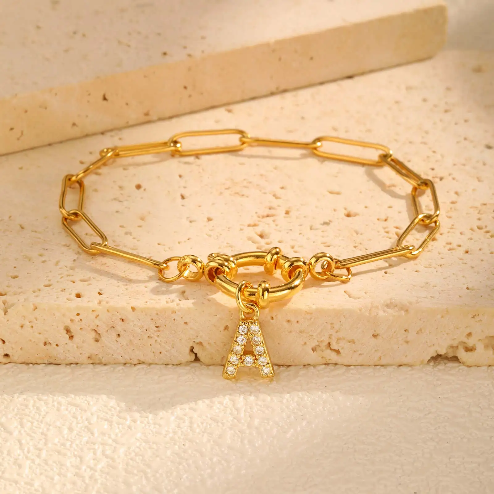 Pulsera con dije de A-Z inicial de circonita con hebilla de burbuja, pulsera de cadena cuadrada de acero inoxidable para mujer, joyería del alfabeto de 26 letras