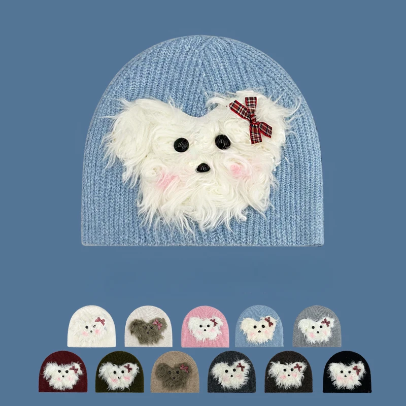 New Cute Blush Puppy Plush Pullover Knitted Hat Women's Autumn and Winter Warm Versatile Elastic Big Head Skull Beanie Cap