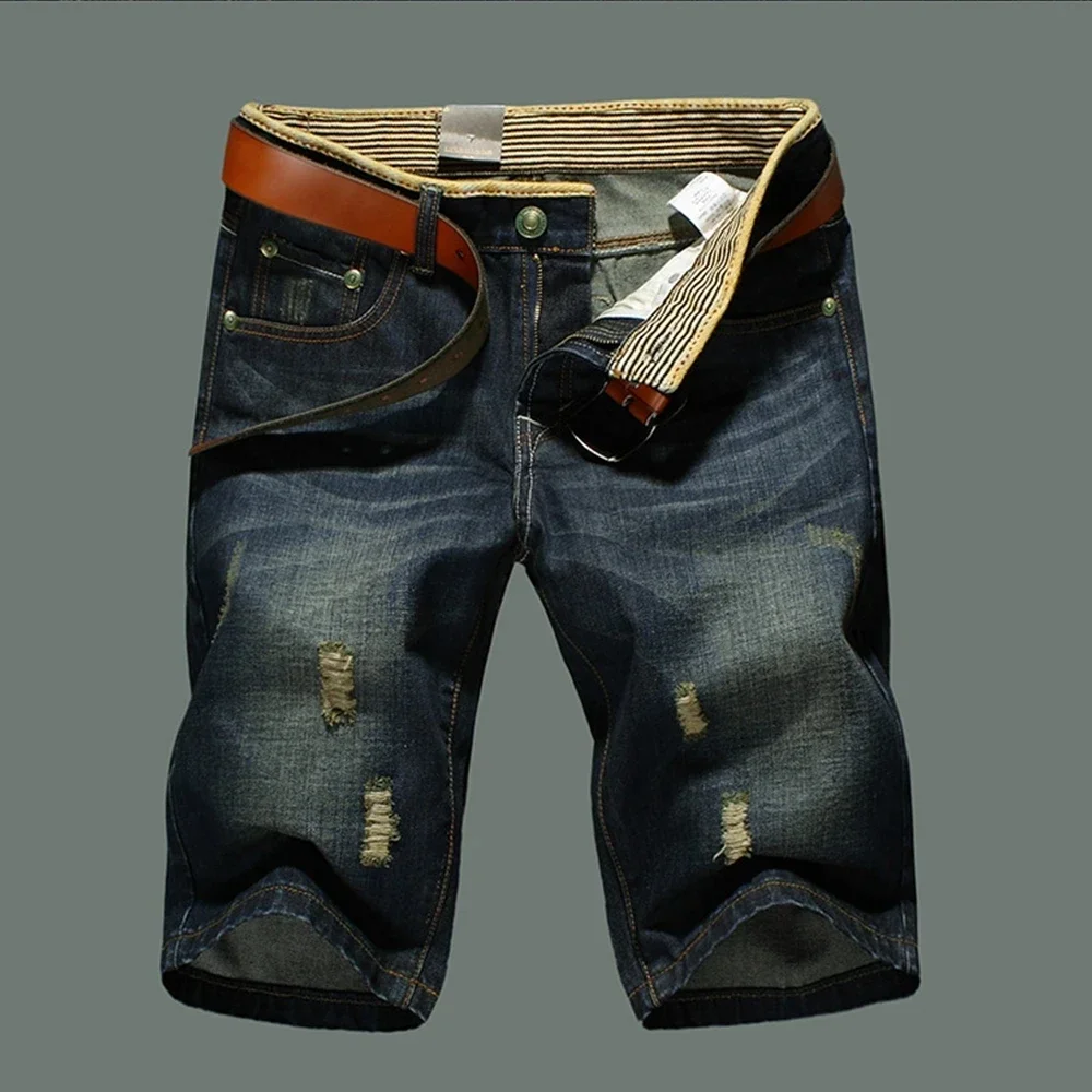 Summer Ripped Jeans Men Straight Denim Shorts Male Fashion Casual Work Shorts Denim Shorts Mens Clothing No Belt 38