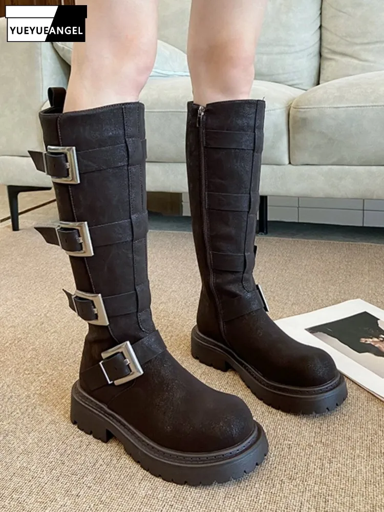 Bottes hautes multi-boucles pour femmes, style punk, à plateforme épaisse, pour moto, sécurité au travail, type chevalier