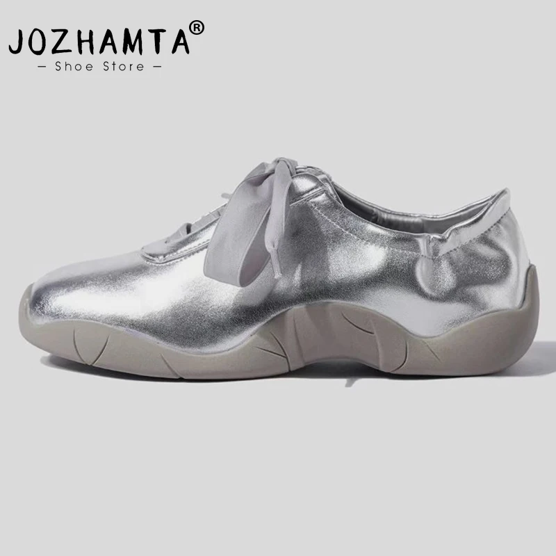 JOZHAMTA Size 35-40 Women Casual Ballet Flats Sneakers Lace-Up Satin Low Heels Dance Shoes Ins Fashion 2024 Athletic Ballerinas