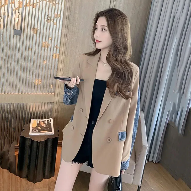 Unique Design Denim Stitching Blazer Jacket Women Spring Autumn New Cowboy Suit Coat Female Casual Outerwear Blazer Ladies Tops