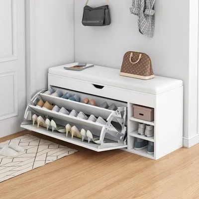 Bench, shoe rack, closet space, storage space saving, wooden shoe cabinet shelves