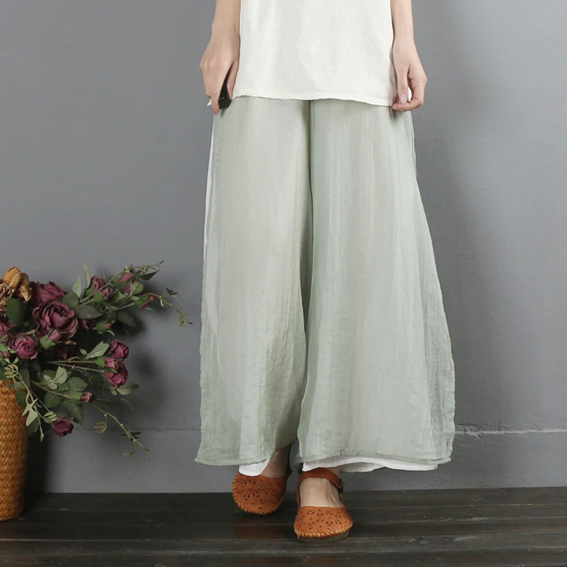 레트로 예술적 와이드 레그 팬츠 봄 패션 이중 레이어 튤 요가 팬츠 중국식 젠 차 의상 스트레이트 레그 팬츠