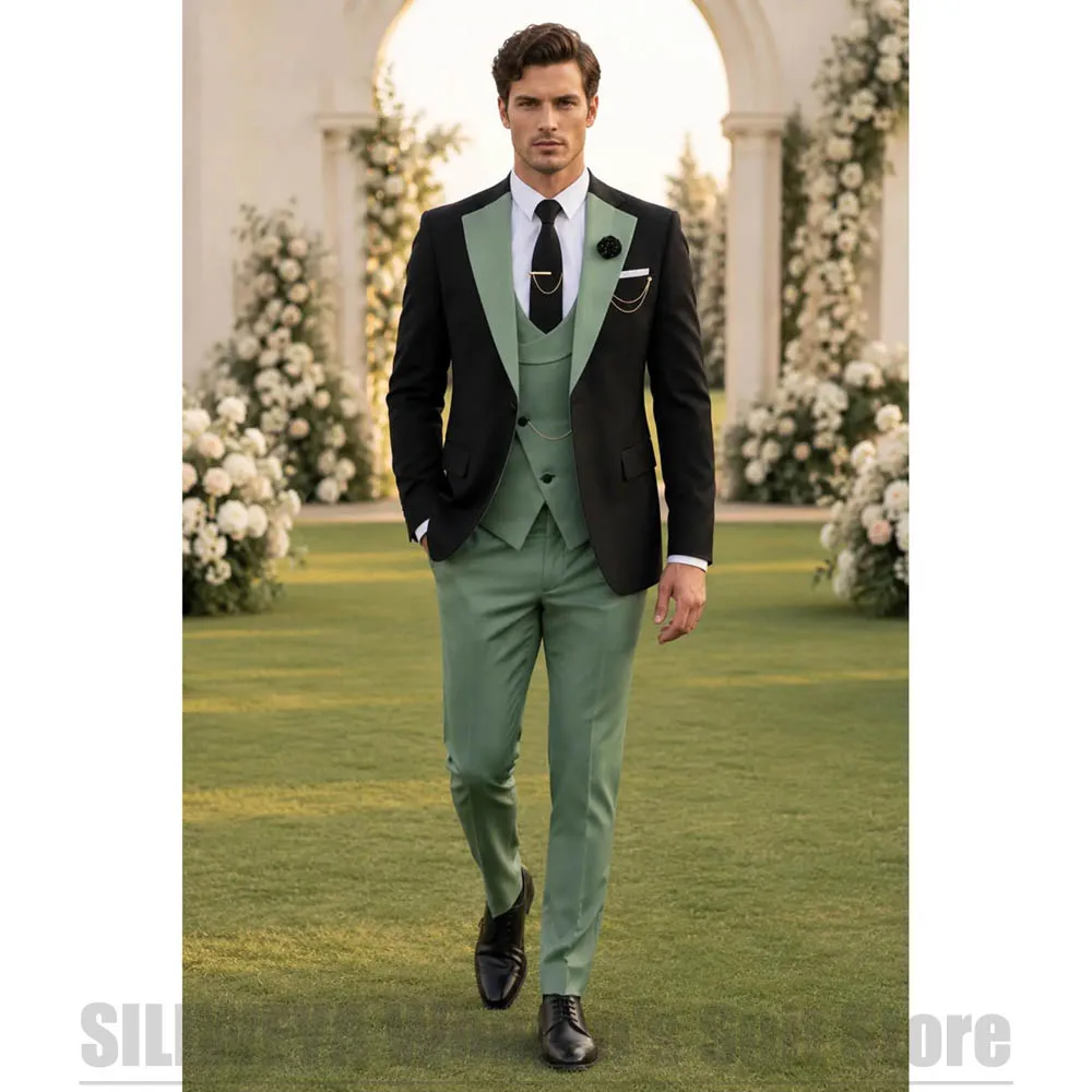 Men Contrast Color 3 Piece Tuxedo Suit Set Fashion Jacket Vest Pants Notch Lapel For Groom Wedding Prom Party Banquet Outfit