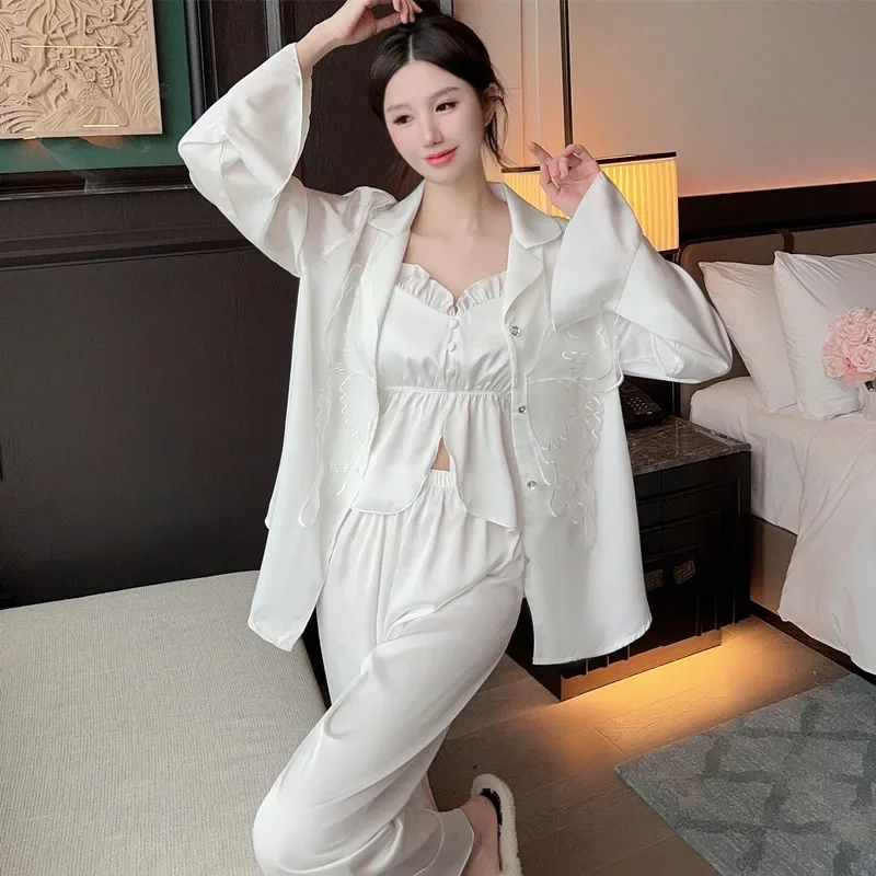 

3 PCS Satin Pajamas Set With Bow Sleepwear Female Sexy Cami Trouser Pyjamas Suit Autumn Loungewear Nightgown Women Home Clothes