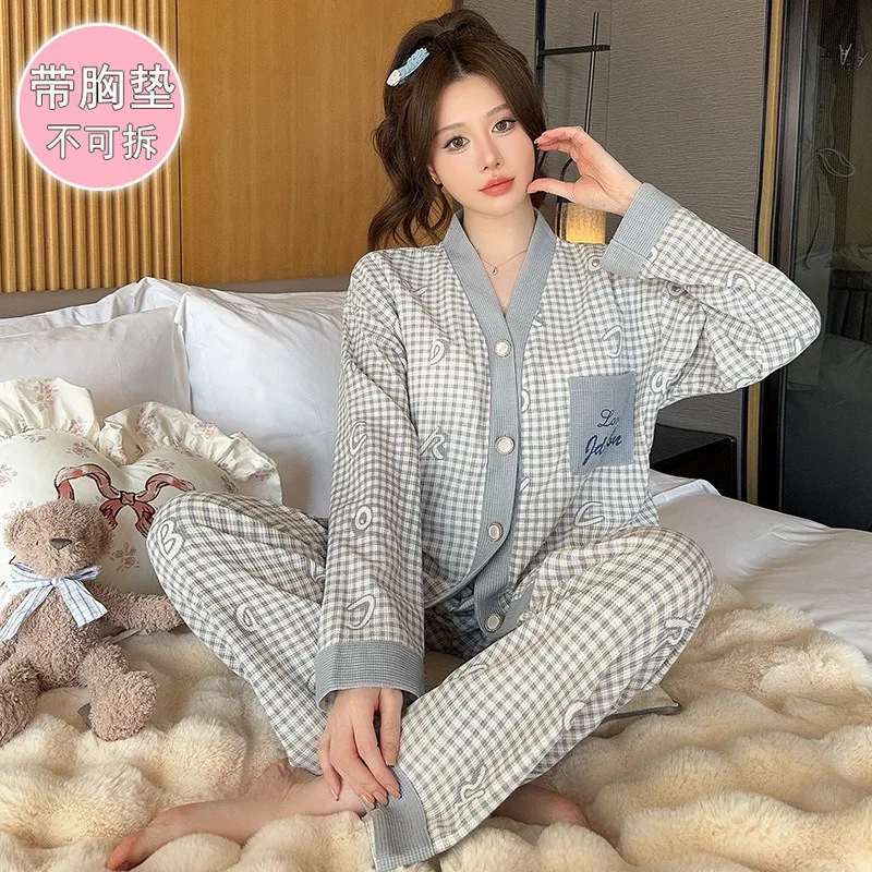 5XL Plus Size Cotton Plaid Loose Pajamas Set Women with Chest Pad Autumn Korean Long Sleeve Cardigan Trouser Can Be Worn Outside