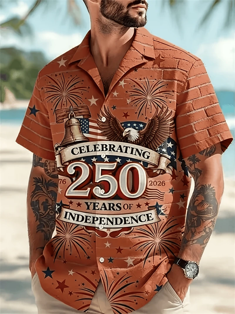 

Men's Casual Patriotic Print Hawaiian Shirt With 250th Anniversary USA Design Independence Day Parties And Casual Wear Man Shirt