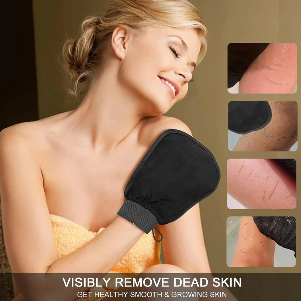 1Double Sided Turkish Massage Gloves Magic Exfoliating Gloves Black Skin Removal Gloves Body Scrub Container Scrub Body Scrubber