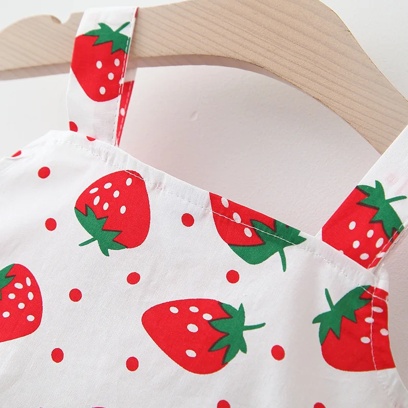 Verão novo doce morango arco vestido da menina do bebê, festa de praia roupas infantis com chapéu livre para bebês de 0-3 anos de idade