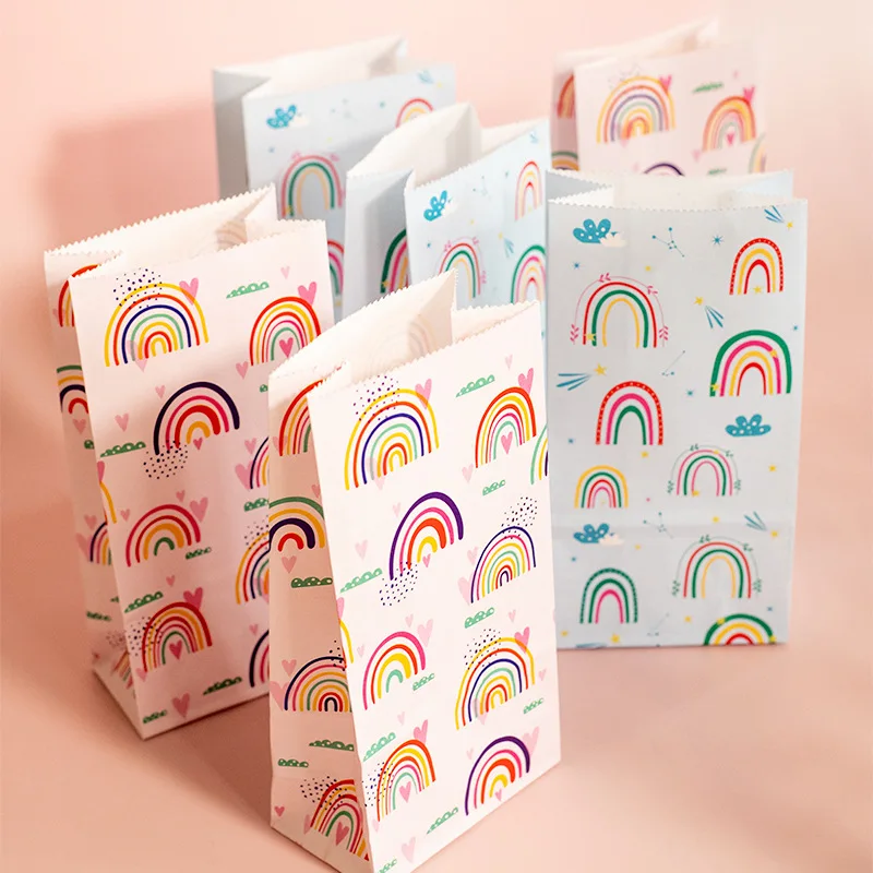 5pcs Rainbow Print Paper Bags Small Candy Cookie Goodie Bag Wedding Birthday Event Party Packaging Supplies Home Decoration