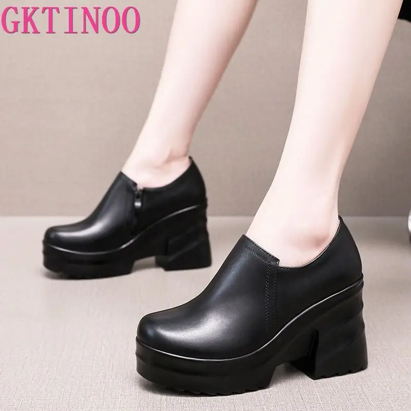 Deep Mouth Round Toe Genuine Leather Shoes High Heels 2024 New Autumn Winter Shoes Platform Increased Shoes Woman Pumps