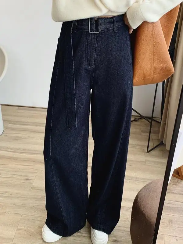 

Джинсы с высокой талией, на флисовой подкладке, широкие, свободного кроя, корейский стиль, синие, для женщин, осень-зима, новые, длинные брюки