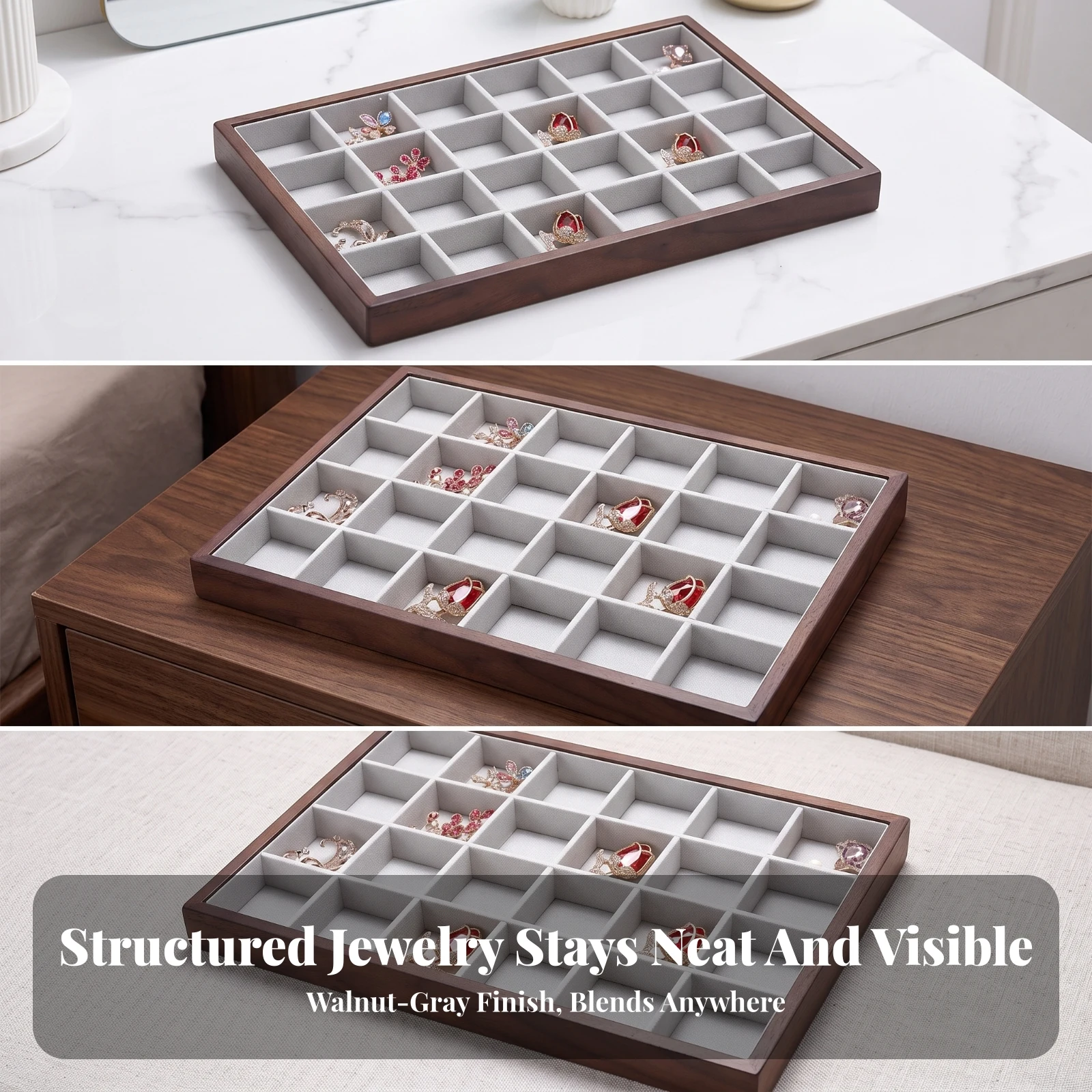 Jewelry Display Tray with 24 Compartments Compact Compartment Jewelry Tray Earring Organizer Velvet Shallow for Retailers